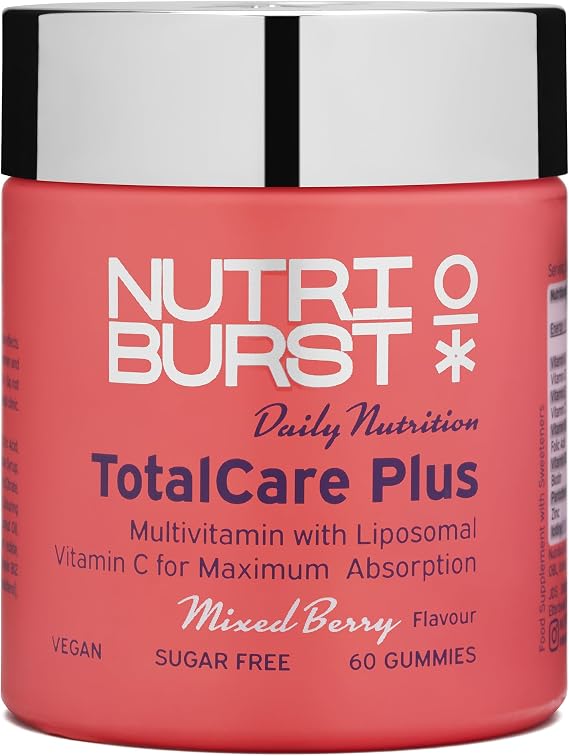 Nutriburst TotalcarePlus • Vitamins C, D, B12 + Zinc • Vegan & Sugar Free | 60 berry flavour multivitamin gummies with vitamin C, D, B12 & Zinc to support immunity, eye health & collagen production.