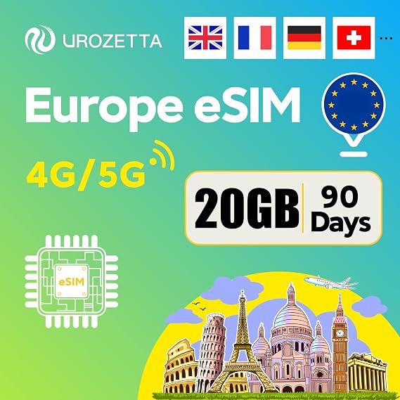 UROZETTA Europe eSIMカード | 20GB 90Daysプリペイドデータ | 英国、スイス、ノルウェー、ジブラルタル、EU+30地域 | 5G/4G 高速&ホットスポット | データのみ | 旅行、ビジネス向け