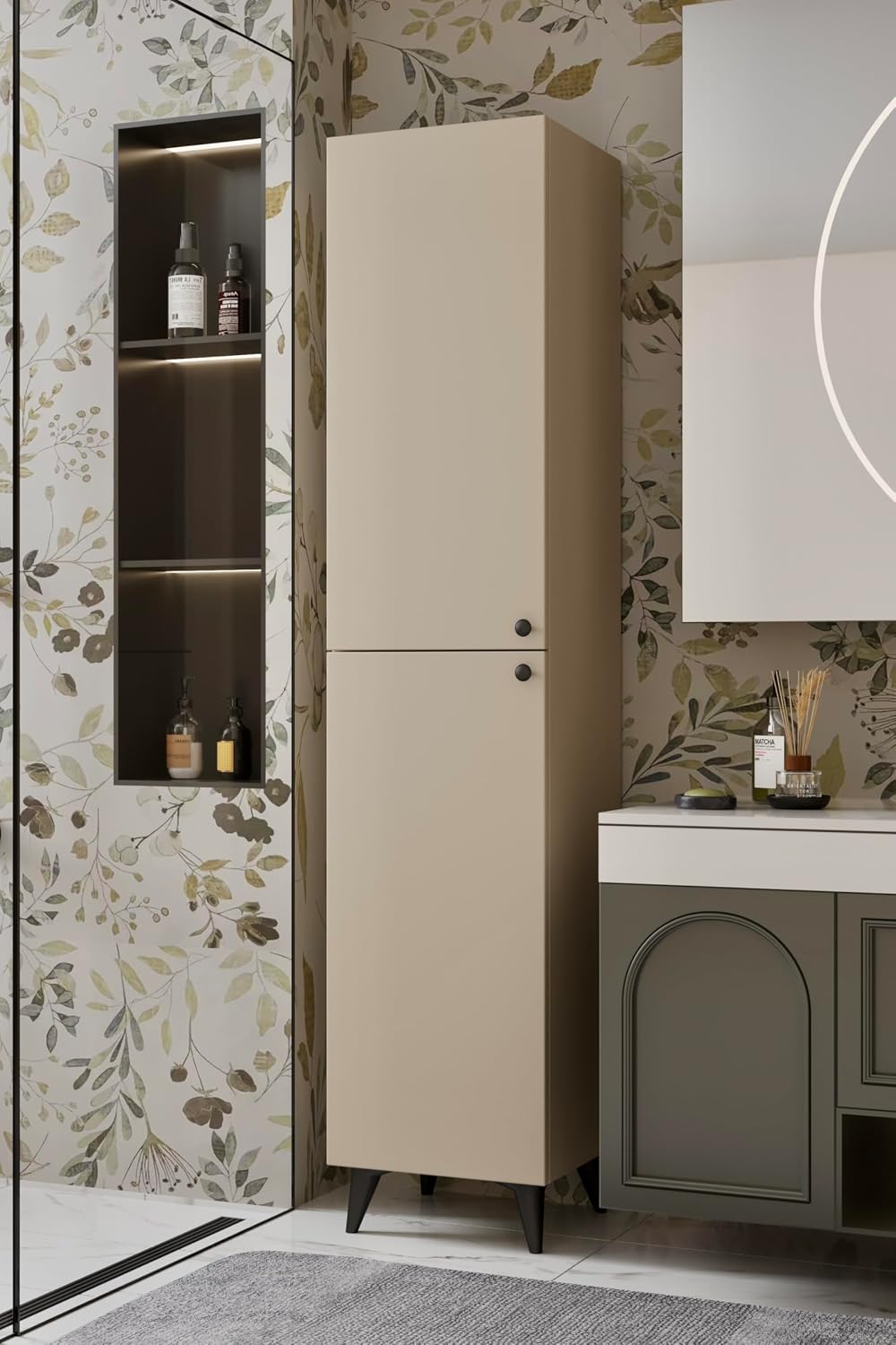 Furnitt Home Ramses Multi-Purpose High Cabinet with Flat Cover – 185x40x37 cm White, Grey, Beige/Sandstone | Kitchen, Bathroom and Storage Cabinet (BEIG)