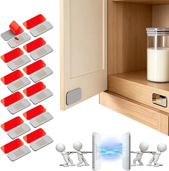 12 Pack Magnetic Cabinet Door Catch, No Drill Ultra Thin Stainless Steel Cabinet Catches, Strong Self Adhesive Drawer Magnets for Kitchen, Bathroom, Closet and RV Door Closing