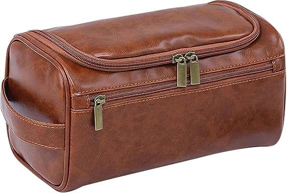PU Leather Toiletry Bag for Men, Dark Brown Wash Bag for Travel, Gym & Shaving, Dry & Wet Separation with 3 Compartments - Perfect Men's Washbag (Brown)