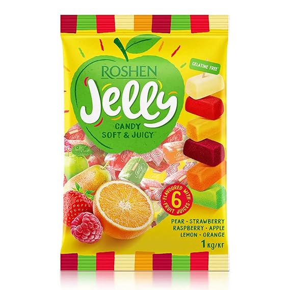 Roshen Mixed Fruit Jelly Candy, 2.2 lb (1 kg) Bulk Bag Soft & Juicy Fruit Jelly Candies with 6 Fruit Juices, Gelatin-Free, Kosher & Halal Chewy Candy