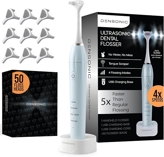 Electric Flosser Kit with Tongue Scraper | No Water, No Mess | Easy Gliding Dental Floss for Gentle Gum Care | Cordless Sonic Power | 50 Replaceable Heads [Celeste Blue]