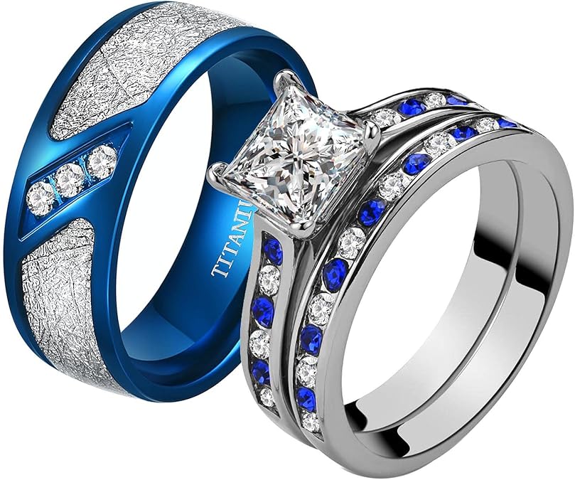 2 His and Hers Ring Couple Rings White Gold Plated Princess Cut Cz Womens Wedding Ring Sets Red Titanium Steel Mens Wedding Bands