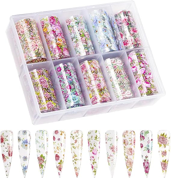 Holographic Nail Foil Sheets, Flower Transfer Foil Nail Wraps for Women Floral Manicure Stickers Decals for Nails Art Accessories DIY Decoration (10 Roll, Length 39.3in)