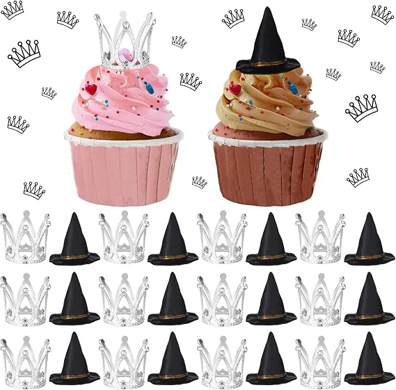 Cutecrop 24 Pack Witch Hat and Crown Cake Topper Bad Witch Birthday Party Decorations Mini Wizard Hats Silver Crown Cupcake Toppers Decor Princess Cake Accessories for Birthday Party Supplies Crafts