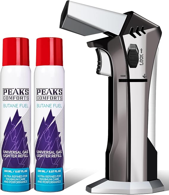 Butane Torch - Refillable Torch Lighter, Kitchen Torch for Baking, Cooking Food, Creme Brulee, BBQ, Blow Torch with Safety Lock and Adjustable Flame, 2 Cans Butane Included.