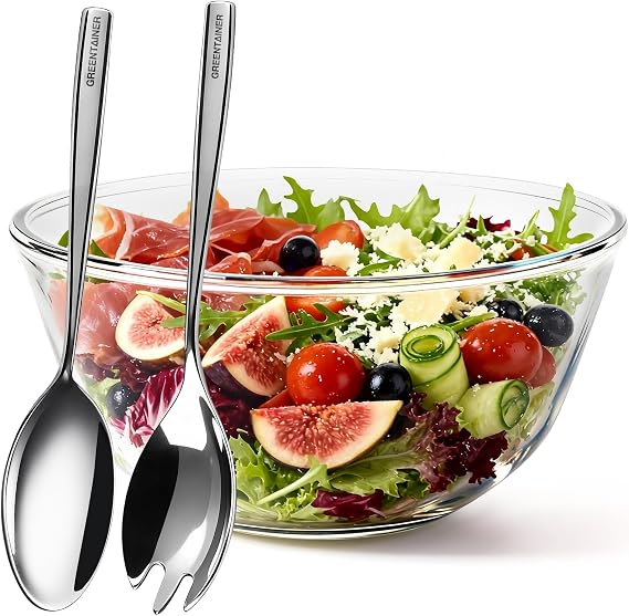 Greentainer Large Glass Salad Bowl with Stainless Steel Fork and Spoon, 4.75 QT Salad Serving Bowl for Kitchen, 152OZ Glass Mixing Bowl for Cooking, Baking, Prepping, Dishwasher & Microwave Safe
