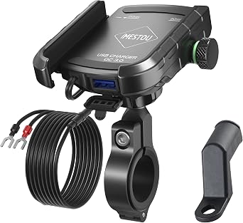 iMESTOU Motorcycle Phone Mount USB Charger Handlebar/Rear-View Mirror Cellphone Holder Aluminum with 17mm Ball Works with 12/24V Motorcycles Quick Charge for 4.0-6.8 Inch Smartphones (USB Type)