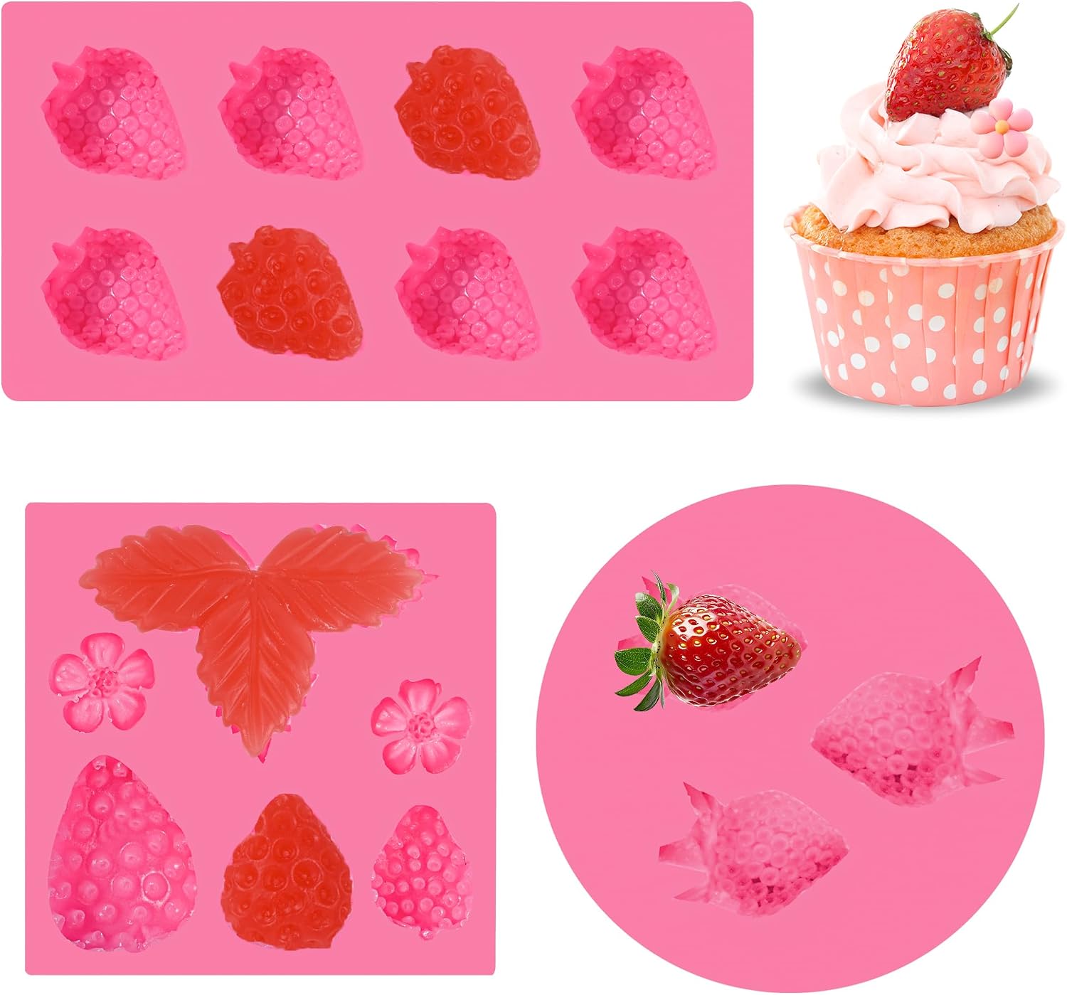 3Pcs Strawberry Silicone Mold Flowers 3D Strawberry Fondant Mold for DIY Cupcakes Fruit Gummies Chocolate Jelly Cookies Dessert