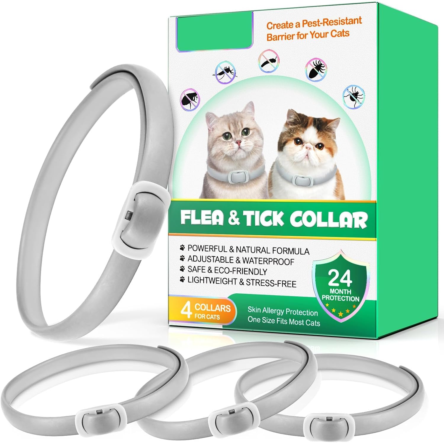 Collar for cats, 4 Packs Adjustable Pheromone Collars, para Gatos, Pack de 4 en Gris, Ajustable y Resistente al Agua para Gatos, Collar Protector Natural.