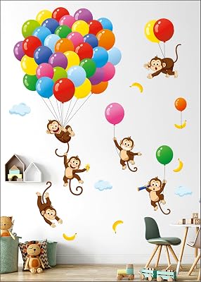 DECOWALL SG-2202 Balloons Monkey Wall Stickers Cartoon Monkeys Decals for Kids Children Baby Bedroom Nursery Living Room Art Home Decor Decoration Removable