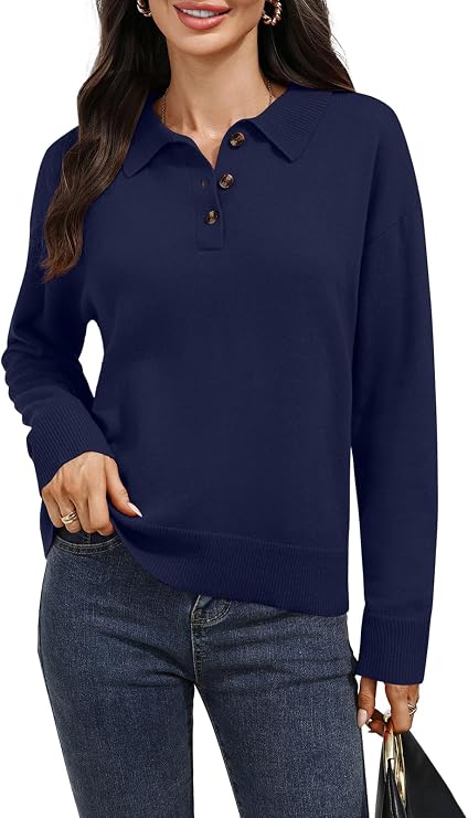 Women's Merino Wool Sweater 100% Wool Polo Cropped Collar Button up Ribbed Long Sleeve Pullover Jumper