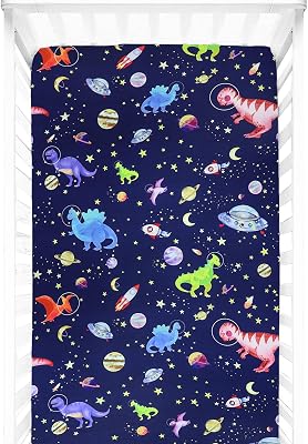 GFU Baby Crib Sheet for Boy, Super Soft Fitted Crib Sheet for Standard Crib and Toddler Mattresses, 52×28 Inch Dinosaur&Space