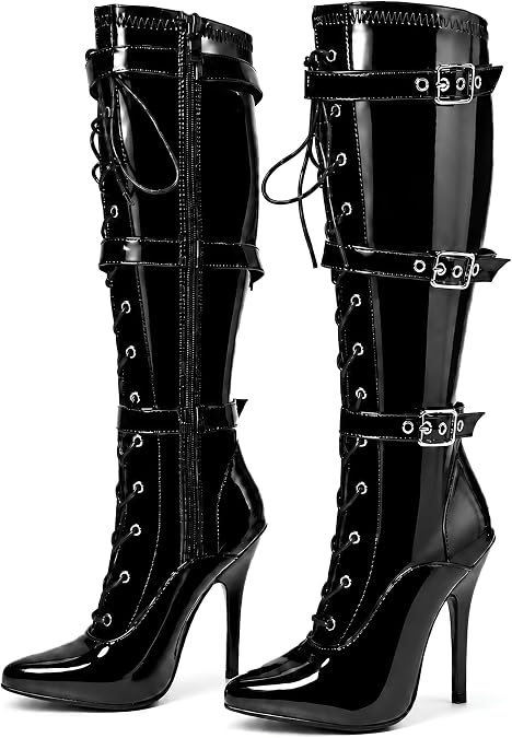 Women's High Heel Knee High Boots Lace Up Stiletto with 3 Buckles & Side Zip Edgy Punk Gothic Style Sexy Footwear UK 3-12