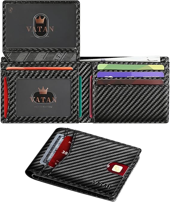 Vatan Wallet for Men Slim RFID Blocking Leather Credit Card Holder Wallet for 15 Cards, Bifold Minimalist Thin Wallet with 2 ID Windows & Cash Slot, with Gift Box (Carbon Fiber Black)