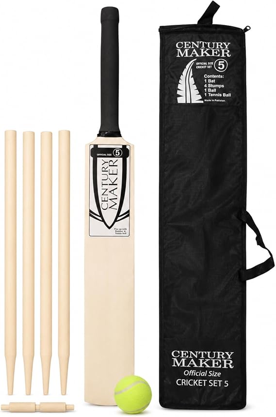 Cricket Set for Kids and Adults - 6 Piece Outdoor Garden Sports Kit with 82cm Lightweight Wooden Size 5 Cricket Bat, 4 Stumps, Tennis Ball, Bail, and Mesh Carry Storage Bag