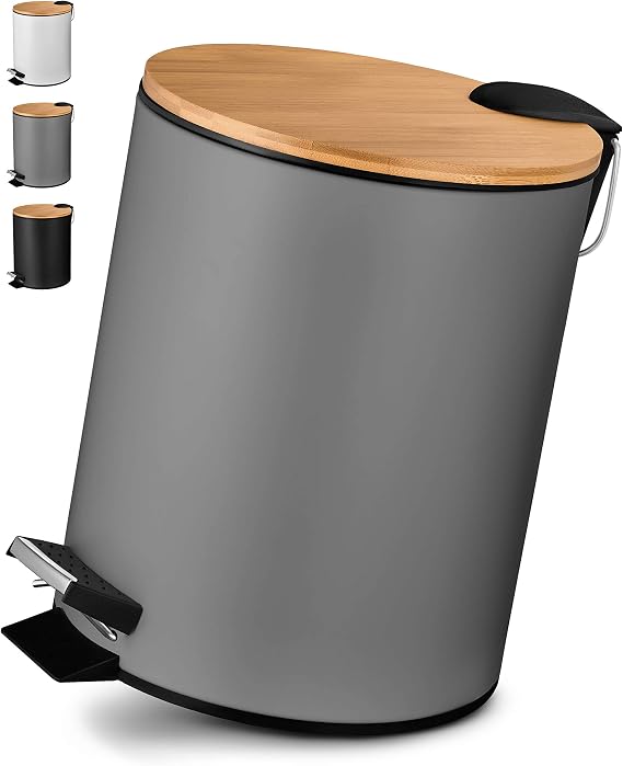 VMbathrooms Cosmetic Bin 5L Pedal Bin Grey with Bamboo Lid