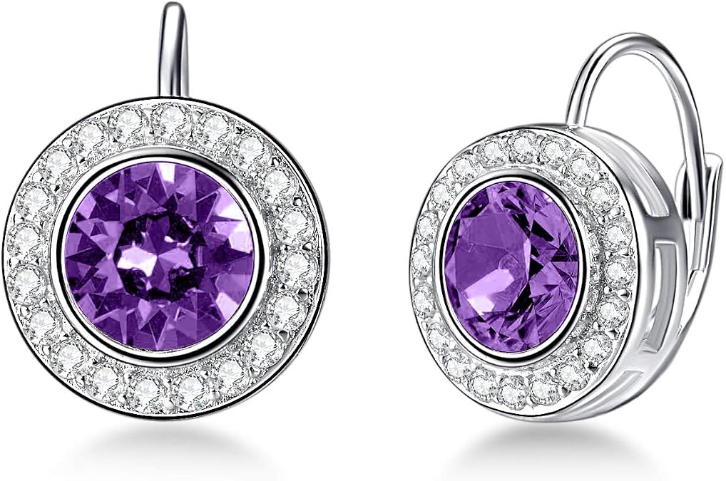 Halo Earrings 925 Sterling Silver Classic Round Cut Halo Leverback Earrings with Birthstone Crystal from Austria, Birthday Jewelry Gifts for Women