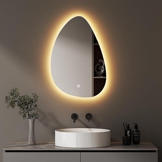 Badezimmerspiegel Led Badspiegel Asymmetrisch Touch-Schalter Dimmbar 3 Lichtfarbe Einstellbare Spiegel Bad mit Beleuchtung Organischer Wandspiegel 55x80 cm
