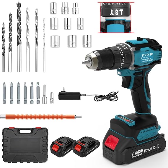 21V Cordless Power Drill/Driver Set, 50Nm Max Torque with 2 Batteries & Charger, 1/2 Inch Keyless Chuck, 3 Modes & 25 Position Torque Adjustment, 29Pcs Accessories for Home Use