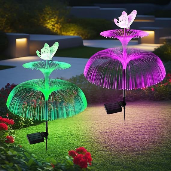 2 Pack Solar Lights Outdoor Garden, LED Jellyfish Shape Fiber Outdoor Pathway Lights Decoration, Waterproof Solar Garden Ornaments Light, for Yard Pathway Lawn Party Decorations [Energy Class A+++]