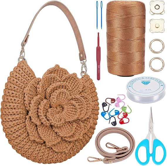 FREEBLOSS Flower Crochet Bag Kit for Beginners Complete Starter Set with Step-By-Step Video Tutorials Crochet Tote Bag Set Knitting Kit Adult Crafts Projects, Champagne