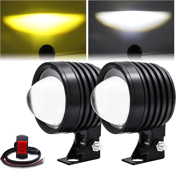 LED Auxiliary Motorcycle Lights, Spotlights, Fog Lights, White and Amber Driving Running Light, 60W DC12V 6000lm Riding Lights Universal for Motorcycle, Include Switch, 2 Packs