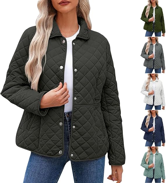 Quilted Jackets For Women - Lightweight Button Down Long Sleeve Winter Puffer Jacket Outerwear Coats With Pockets