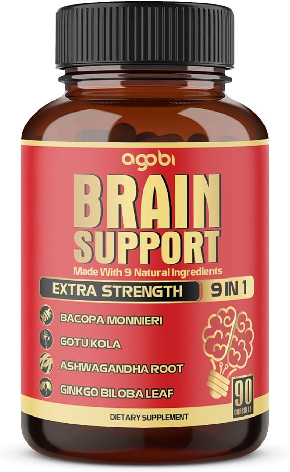agobi 9in1 Brain Support Supplement - Concentrated Ashwagandha Root, Gotu Kola Powder, Bacopa Monnieri Powder and More - 90 Capsules - 3 Months Supply