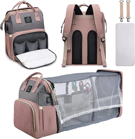 Diaper Bag Backpack, Multifunctional Baby Diaper Bag, Diaper Changing Station, Large Capacity Travel Baby Bag, Pink, M