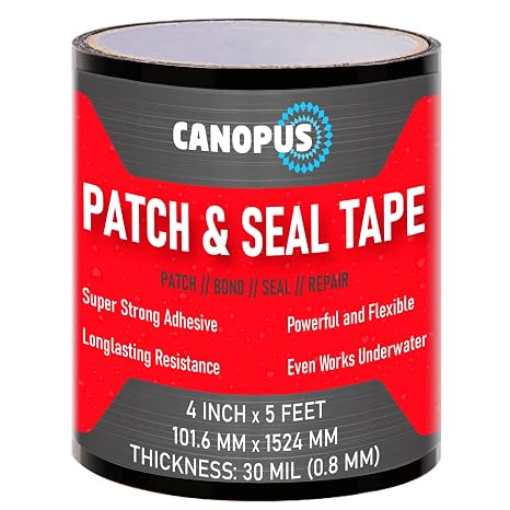 CANOPUS Patch and Seal Tape, Waterproof Tape for Indoor & Outdoor Use, Heavy Duty Thick Rubberized Repair Tape, Fix Leaks on Hoses, Pipes, Gutters, Roofs, Boats, Pools, 4" x 5' Black