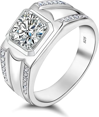 HELLOICE Moissanite Ring for Men Wedding Band Sterling Silver Wedding Rings 18K White Gold Plated Engagement Ring Anniversary Band
