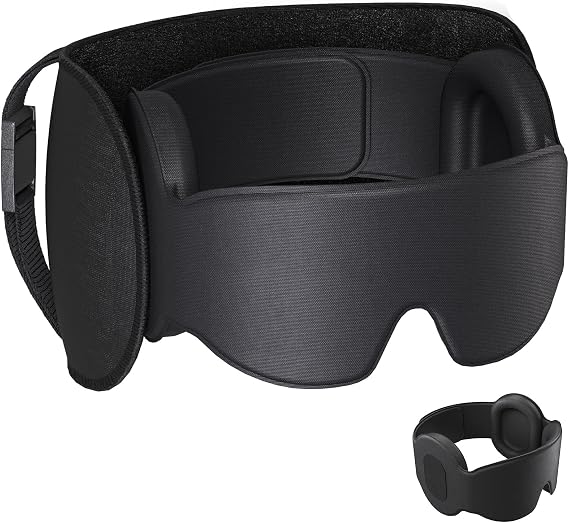 SARISUN Travel Pillow with 3D Full-Cover Sleep Mask, Stable Support | Airplane Pillow with Detachable Sleep Mask, Attach to Headrest, 360 Head Support, Stop Bobblehead for Long Flight, Black