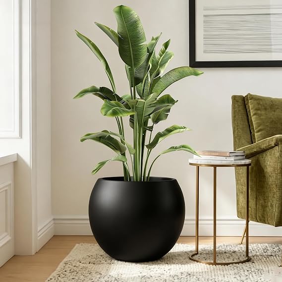 YOLENY 17.7" Large Indoor Plant Pot with Drainage Hole, Fiberstone, Black