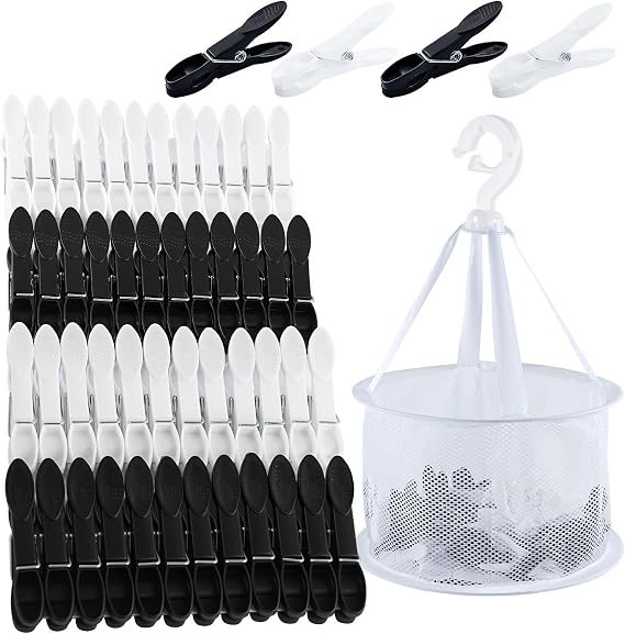 60 PCS Clothes Pegs for Washing Line with Bag, Plastic Pegs for Washing Line Waterproof, Black and White Washing Pegs, Windproof Laundry Pegs with Basket for Home and Garden