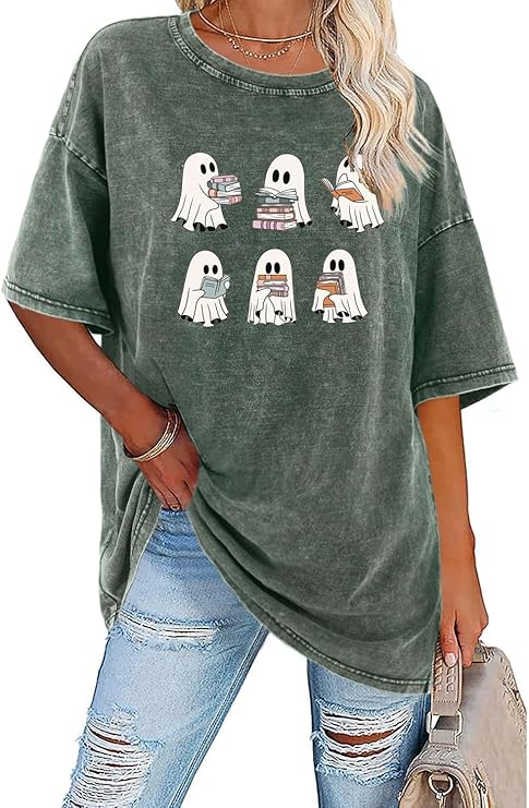 Halloween Shirts for Women Halloween Teacher Shirts Ghost Shirt Fall Retro Vintage Oversized T-Shirt