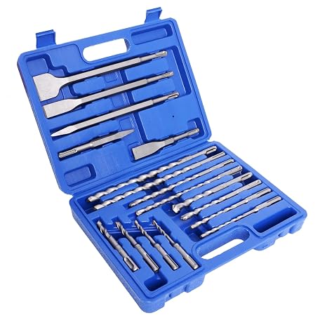 17-Pieces Cemented Carbide YG8C Drill Bit & Chisel Set, Compact Storage Case with Handle, for Wood, Concrete, Stone, and Brick