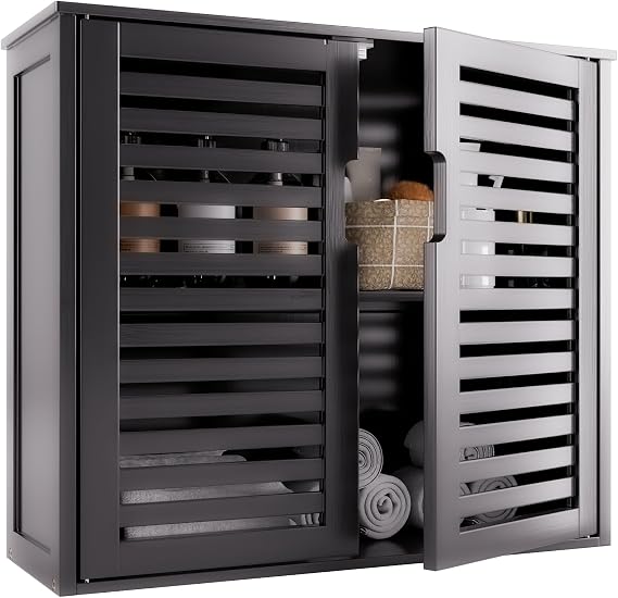 HITNET Black Bathroom Storage Cabinet, Hanging Medicine Cabinet with Adjustable Shelf, Bamboo Over the Toilet Wall Mounted Space Saver Organizer, Double Doors