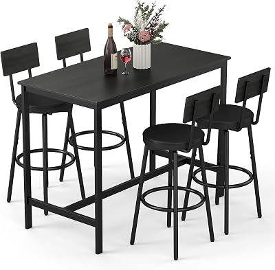 5-Piece Dining Table Set, Bar Table Set for 4, Kitchen Table and Chairs, Counter Height High Top Table with 4 PU Upholstered Stools, Space-Saving Pub Table Sets for Small Space, Black