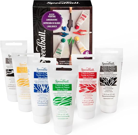 Speedball Premium Block Printing Ink Set - 6 Colors for Fabric and Paper - Water Soluble Oil Based Ink - 1.25 oz Each - Non Toxic Art Supplies