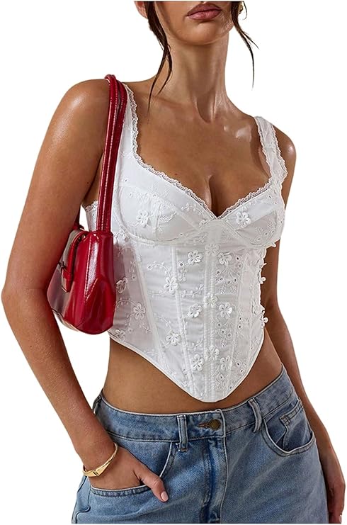 SOLY HUX Women's Floral Embroidered Crop Tops Lace V Neck Asymmetrical Going Out Tank Top