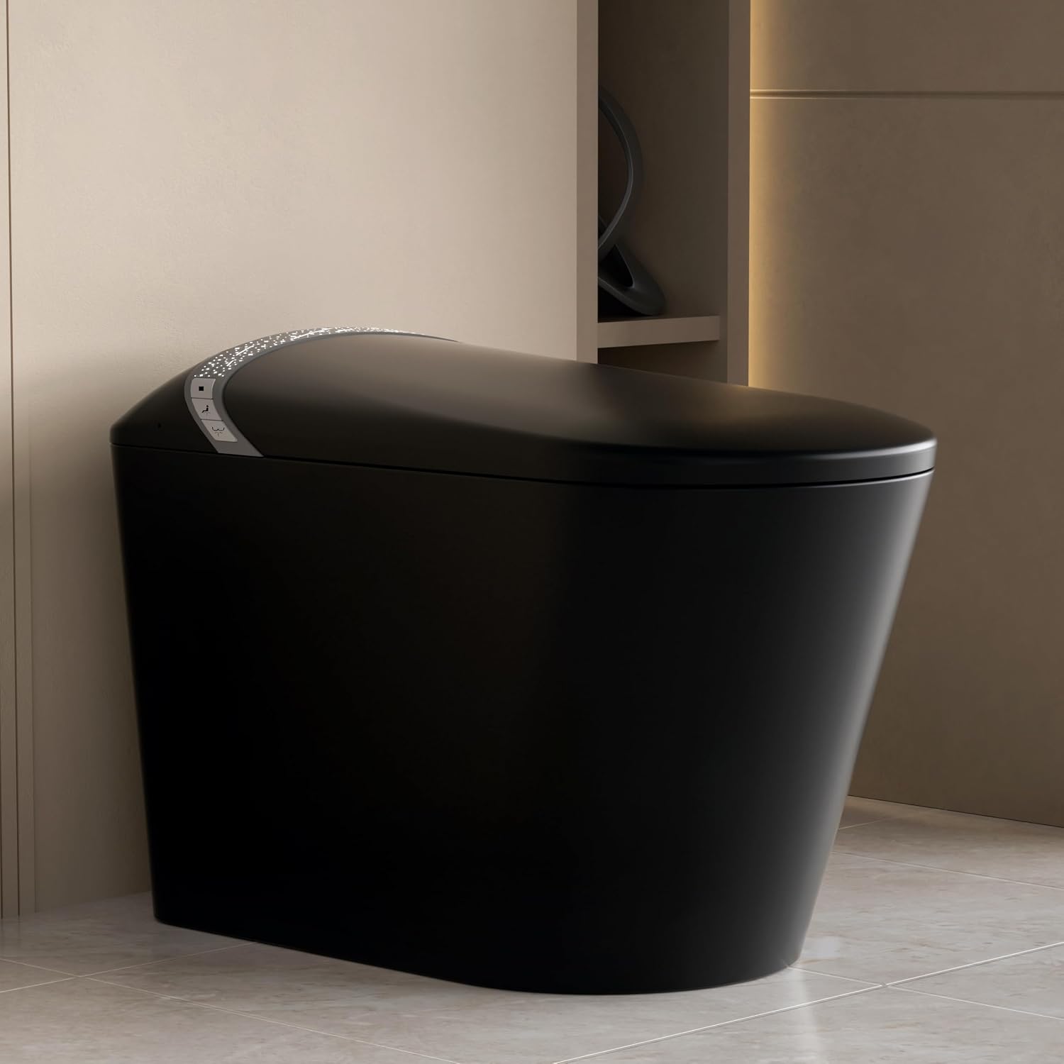 Smart Toilet with Starry Night Lighting Effects,Bidet Build in,Warm Air Drying,LED Light, Heated Seat, Automatic Switch Seat,ADA Comfortable Height Black