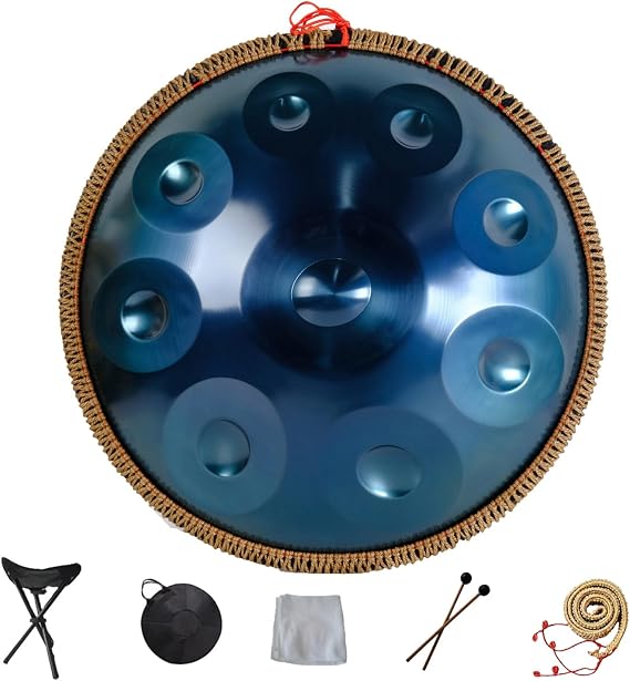 Handpan drum Percussion instrument in D Minor 9 Notes 22 inches Steel Hand Drum Sound Performance Steel Tongue Drum with Soft Hand Pan Bag, 2 handpan mallet,Handpan Stand (Color : Blue(9note))
