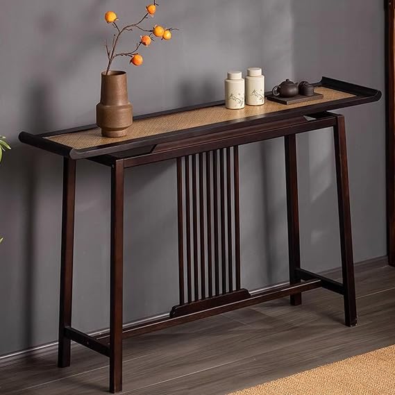 Chinese Style Console Table, Narrow Long Rattan Entryway Table, Bamboo Hallway Table Sofa Table for Living Room, Foyer, Corridor and Hallway, Walnut
