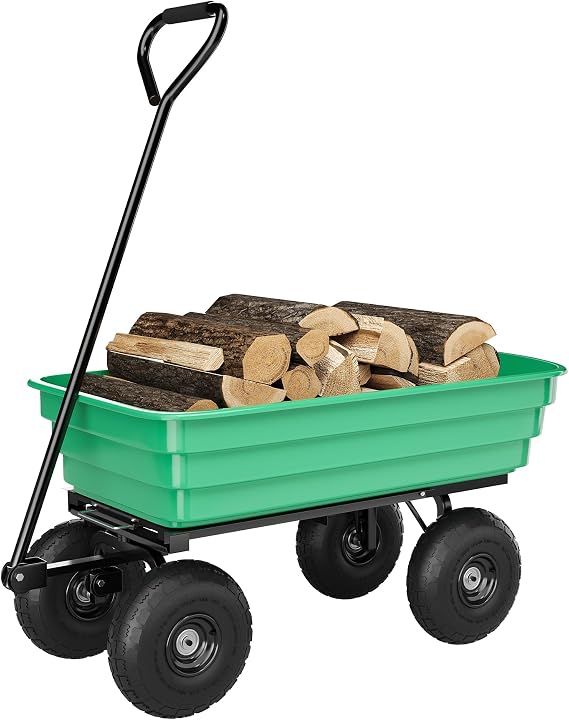4 Cu.Ft. 600Lbs Garden Cart Dump Wagon, Heavy-Duty 4 Wheel Wheelbarrow Yard Cart with 10-Inch All-Terrain Wheels, Features A Quick-Release Tipping Function, for Courtyards, Farm and Gardening