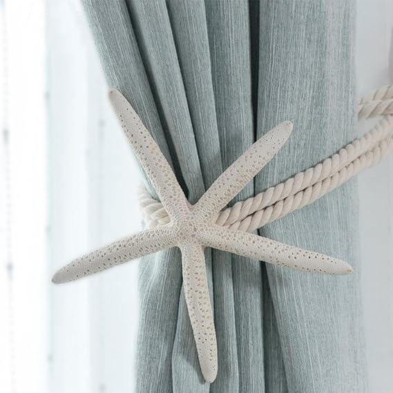 CHICTIE 2 Pieces Natural Starfish Curtain Tiebacks Rope Drape Cotton Tie Band Drapery Holdbacks Beige White Room Decor for Indoor/Outdoor