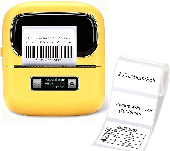 Label Printer, Rechargeable Label Maker Machine with Tape(7040mm), L9 Portable Printer Sticker Barcode Makers for Small Business, Office, Home & Kitchen- 3.14 Inch, Yellow