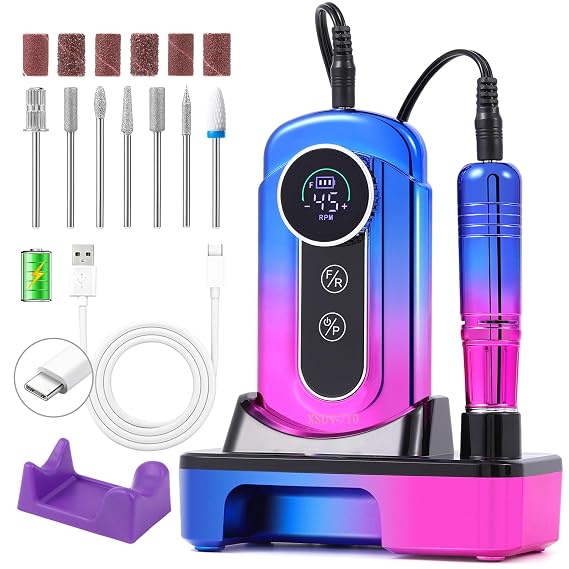 Electric Nail Drill Cordless File 45000RPM, All-in-One Base w/UV Lamp Kit