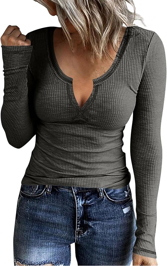 Knit Tops for Women Slim Fit Deep V Neck T Shirts Sexy Ribbed Knit Long Sleeve Shirt Tops Casual Tunic Tops Soft Fall Blouses 2026 Sexy Stretchy Y2K Tops Casual Going Out Tops Plain Blouse A-Gray
